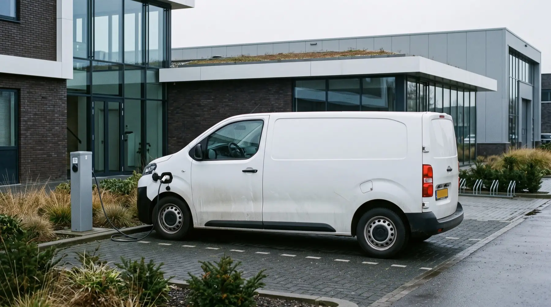 Een elektrische bestelbus aan een laadpunt bij een bedrijfspand