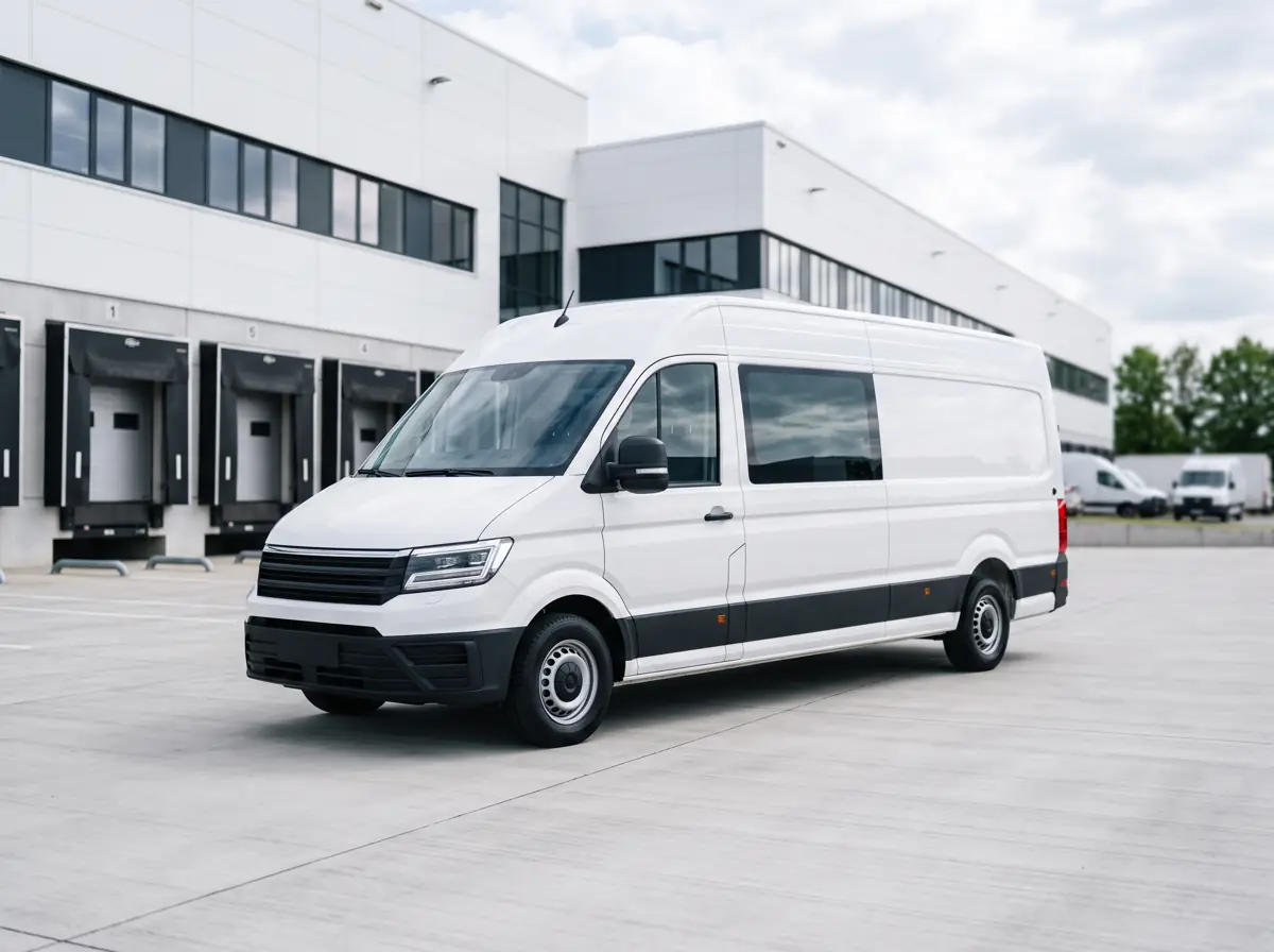 Een nieuwe grote hoge witte bestelbus bij een distributiecentrum