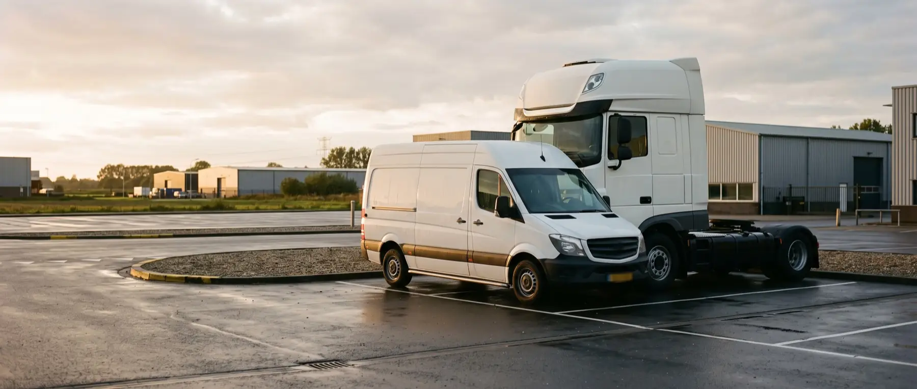 Een bestelbus en een trekker naast elkaar op een bedrijventerrein bij zonsopkomst