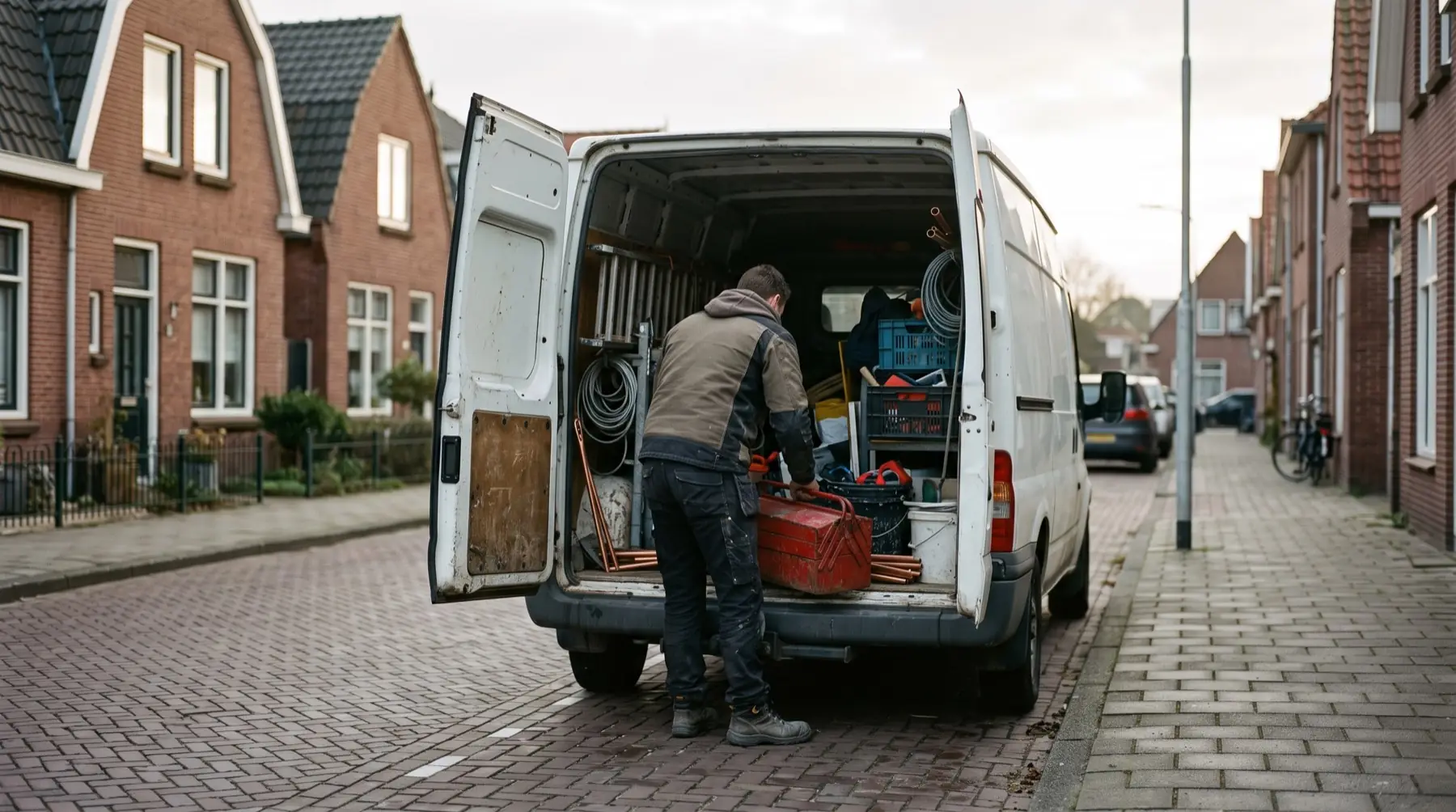 Een ondernemer laadt gereedschap in de achterkant van een bestelbus