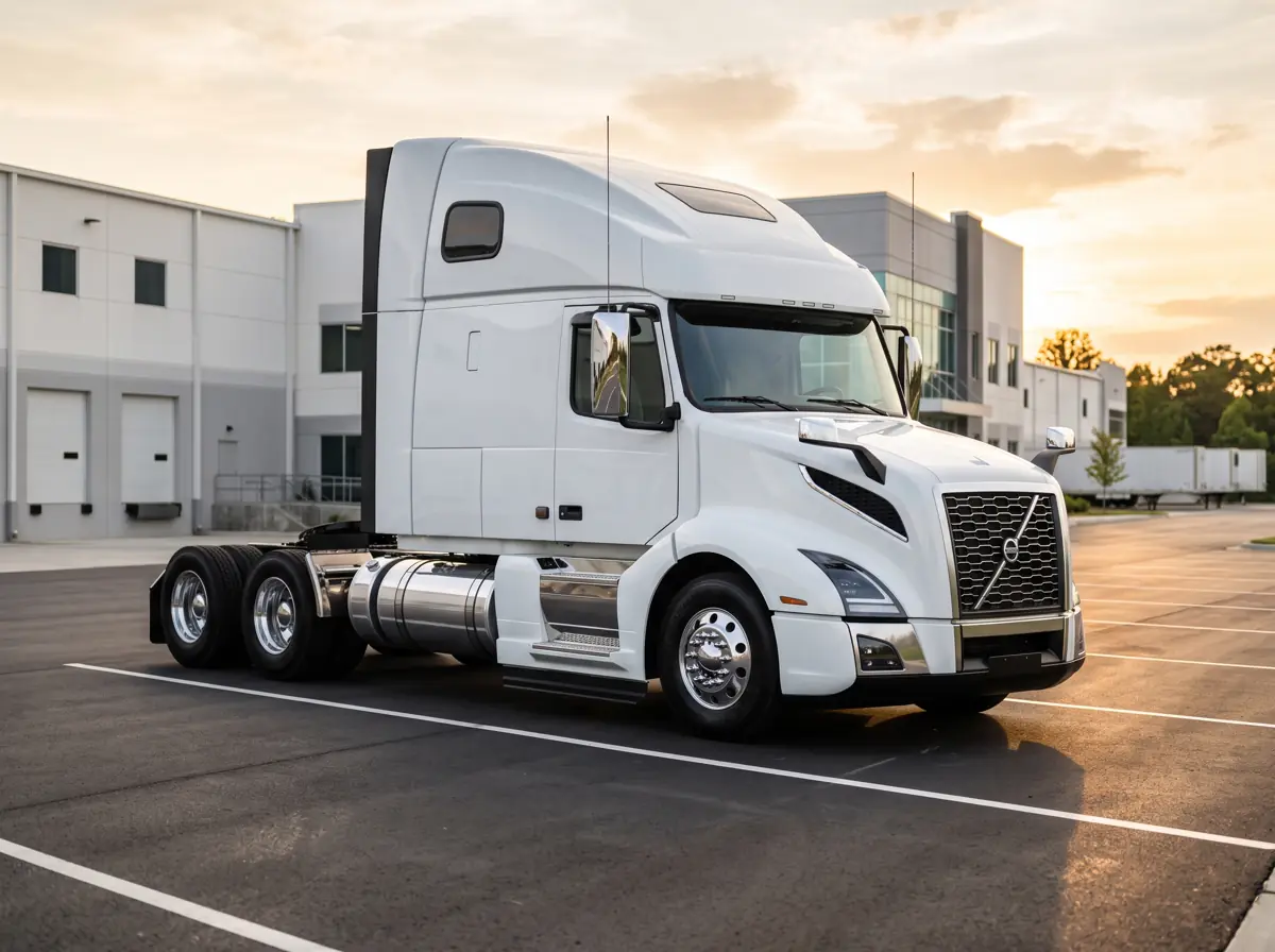 Een nieuwe witte trekker op een modern logistiek terrein