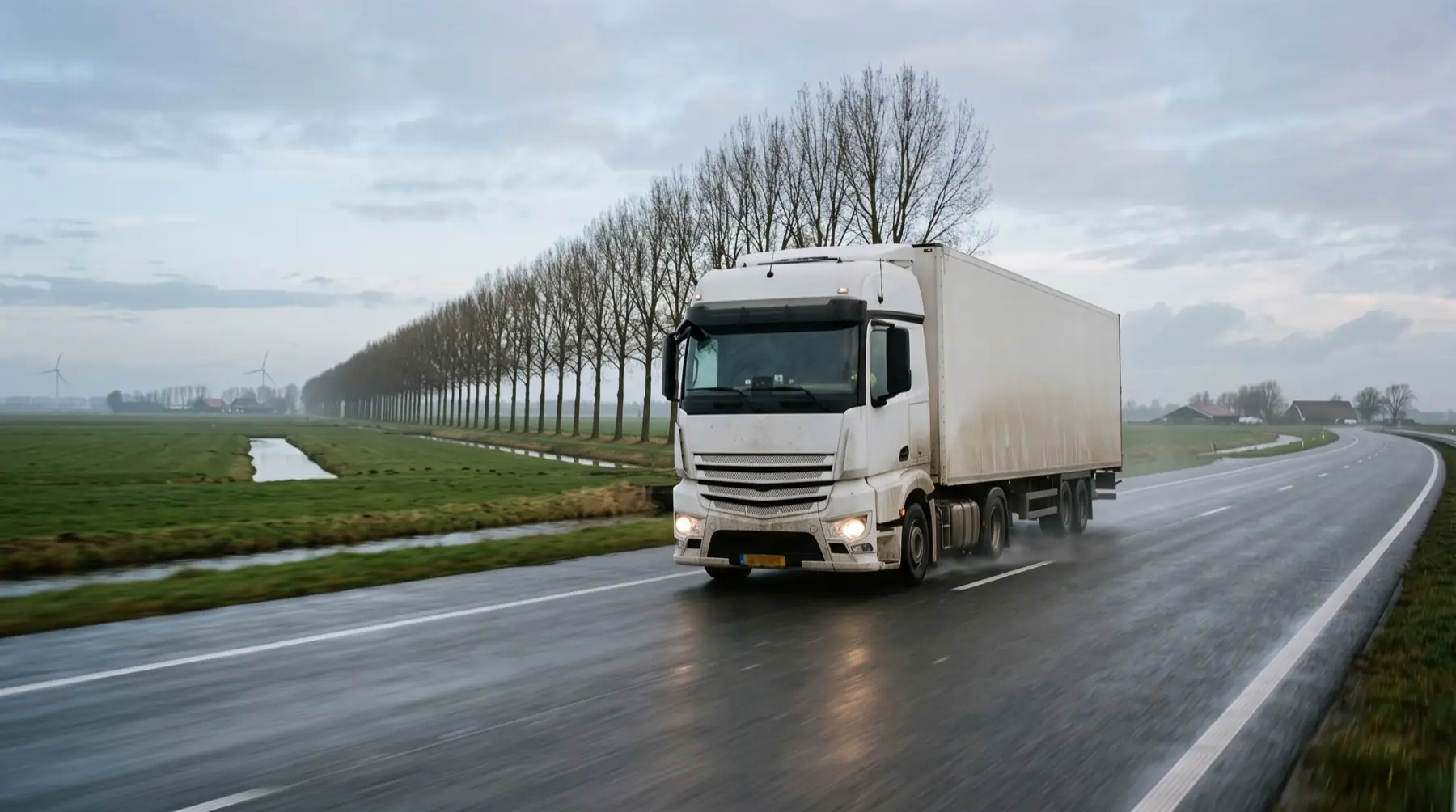 Een vrachtwagen op een Nederlandse snelweg in de ochtend